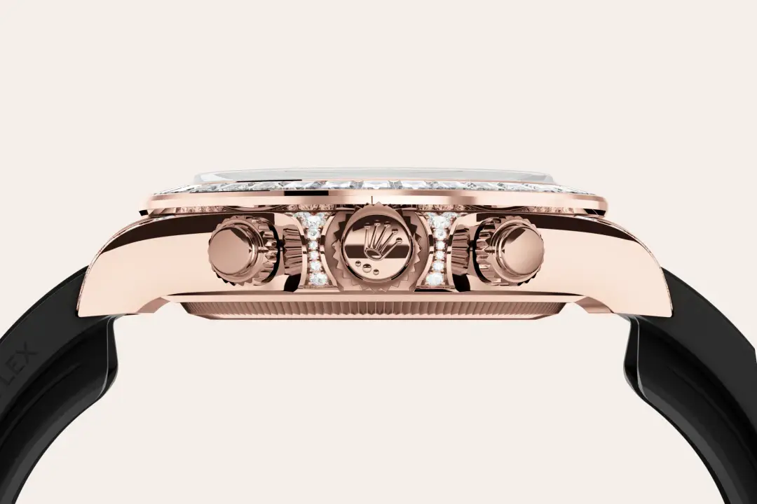 rolex cosmograph daytona in 18 ct everose gold with lugs set with diamonds, M126535TBR-0002- watch palace