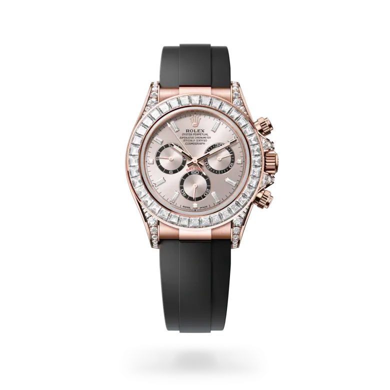 rolex cosmograph daytona in 18 ct everose gold with lugs set with diamonds, M126535TBR-0002- watch palace